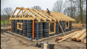 This man is building an amazing wooden house with old tires all by himself!