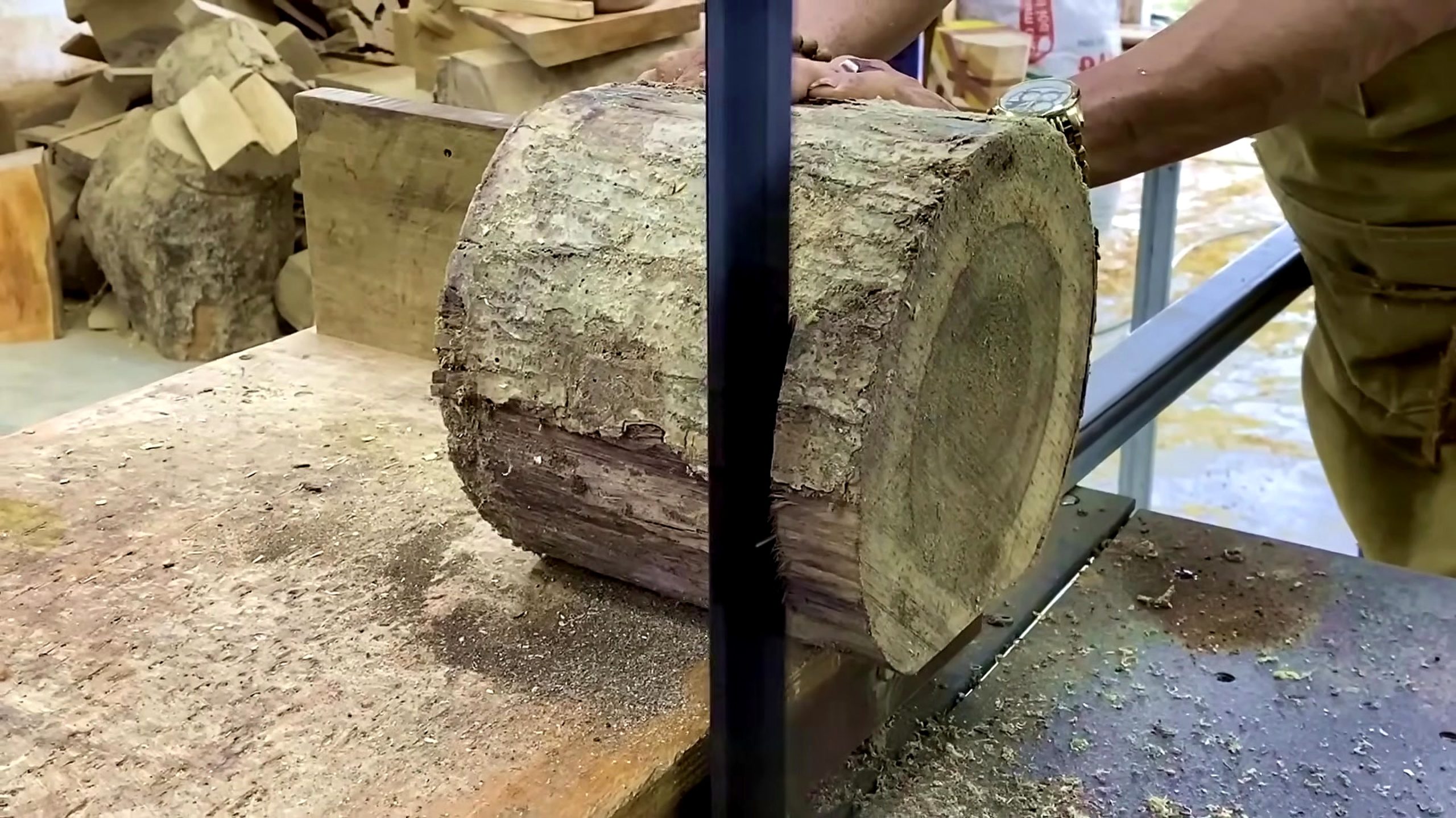 carpenter wooden shape forming process - the first cutting or shaping pass that establishes the form