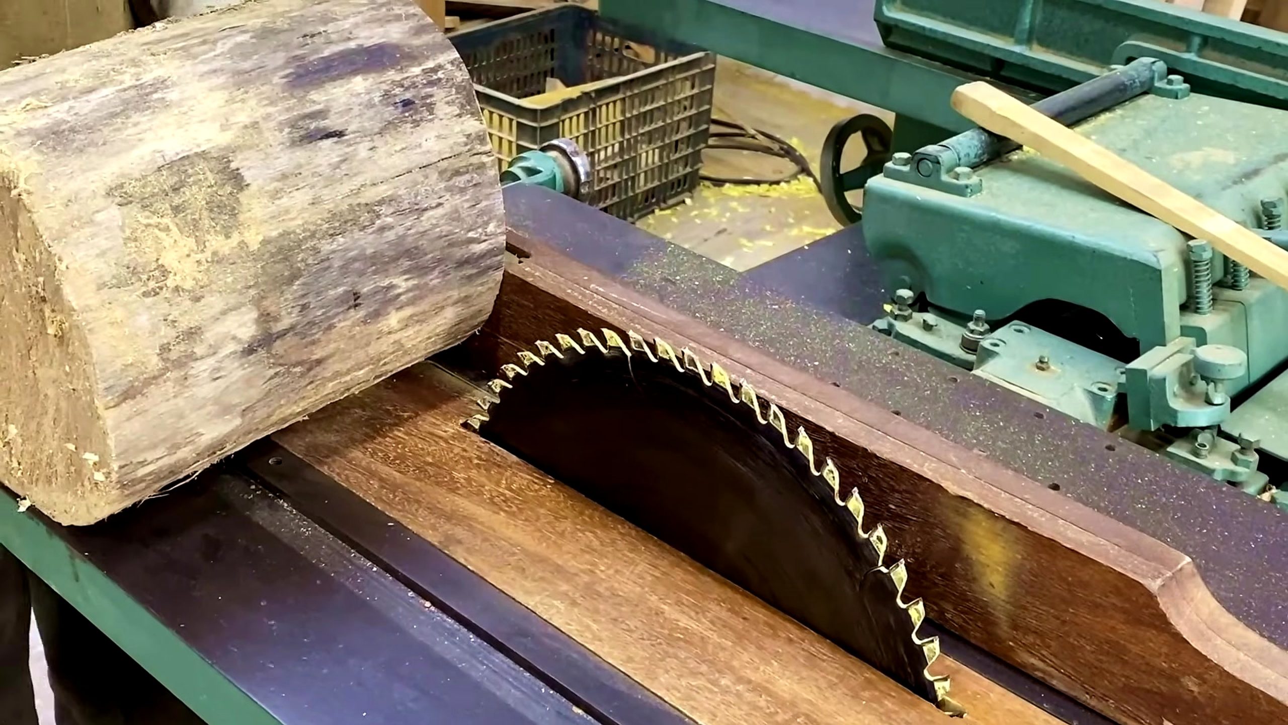chainsaw log segmented wood bowl process - a squared wood block near the table saw during stock preparation