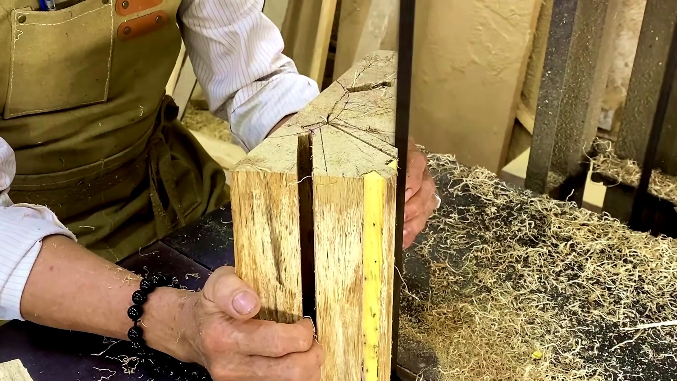patchwork wood vase turning process with a tall patterned blank made from mixed wood pieces