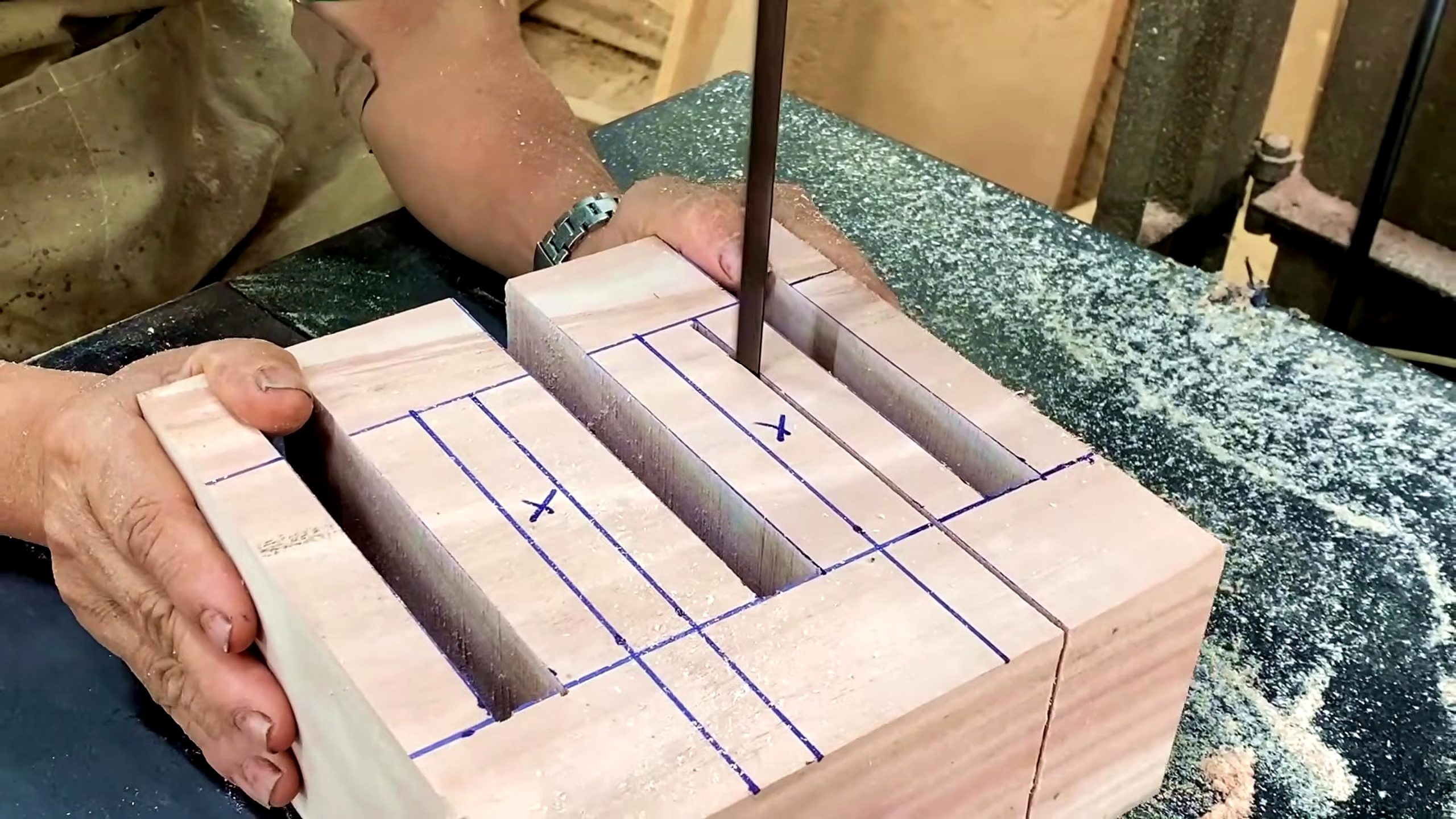 let make pieces wood valuable ways - band saw layout cuts and marked waste areas on squared wood pieces
