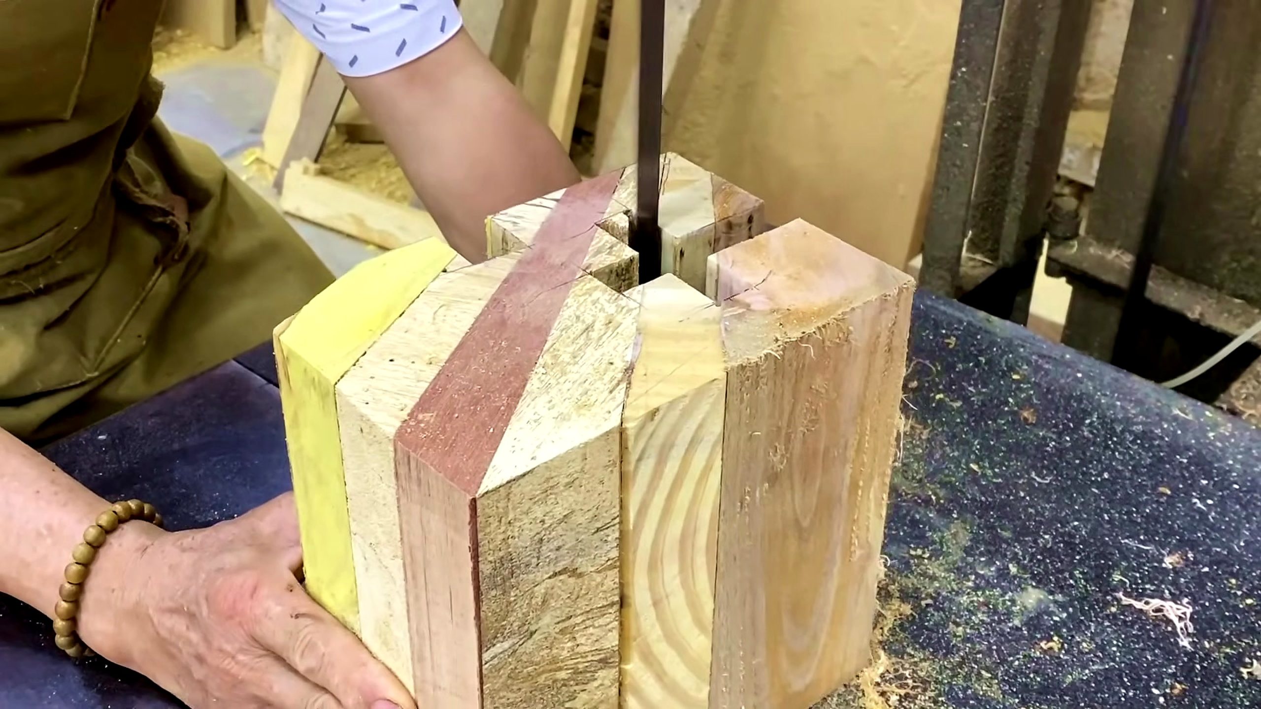 segmented wood lathe bowl process - the laminated patterned blank prepared for a circular turning form