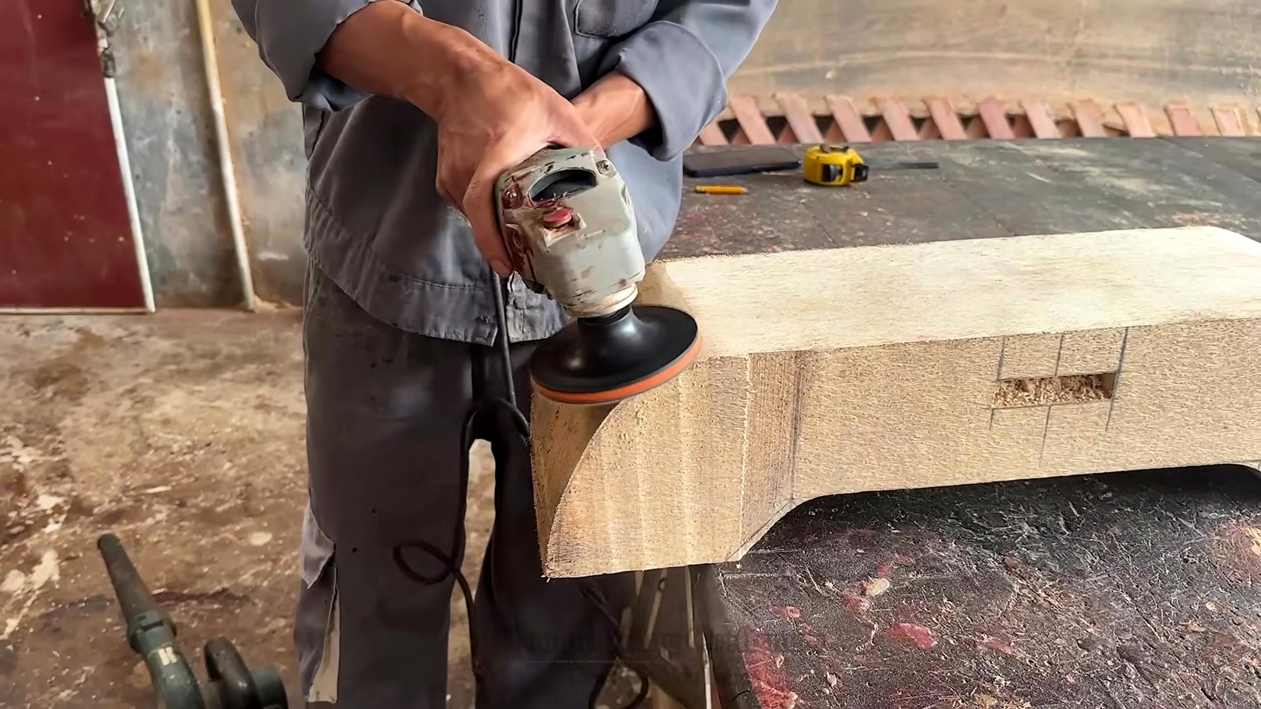 dead coconut palm wood furniture process final review stage after shaping and surface prep