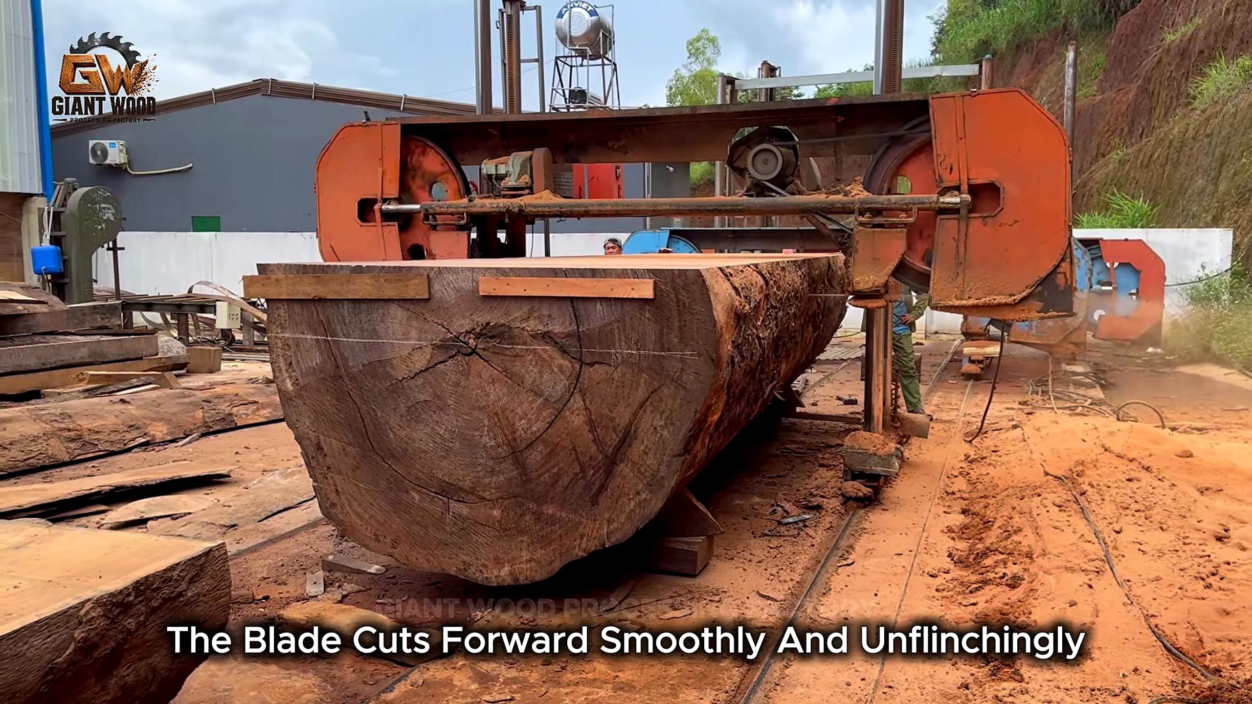 Horizontal bandsaw head cutting a wide slab from a large log during burnt wood bandsaw slab milling