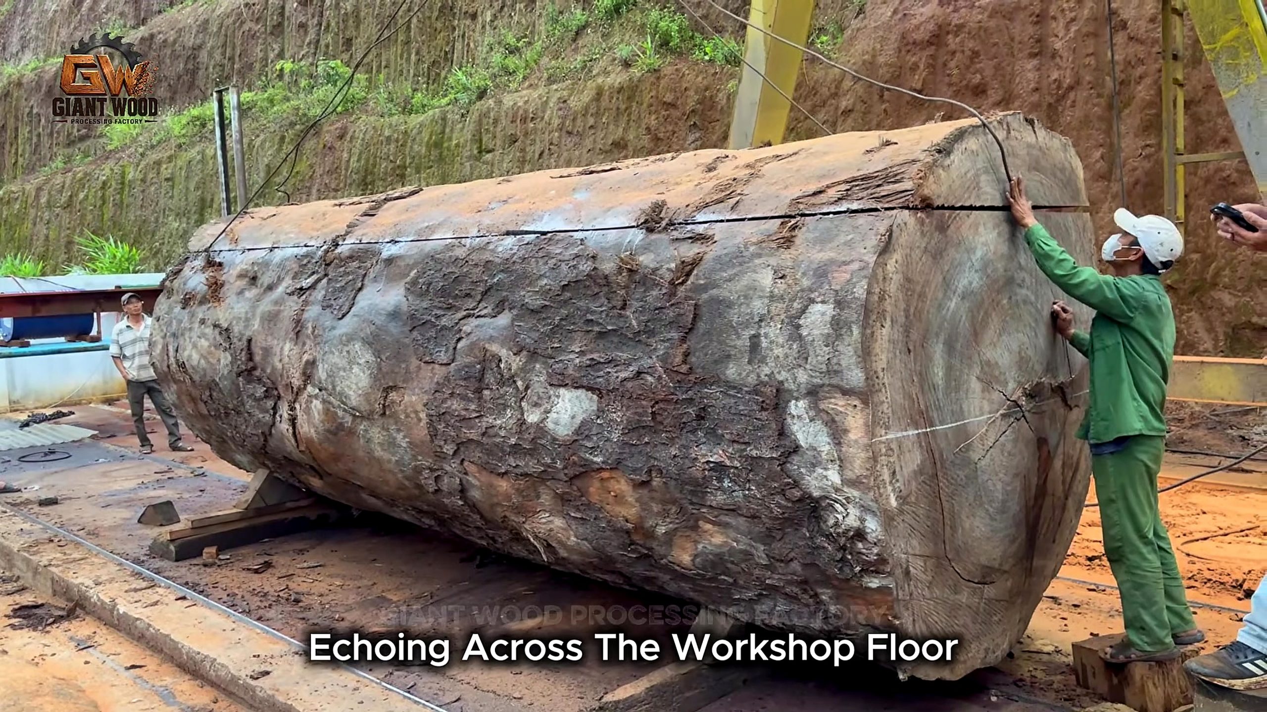 Burnt wood bandsaw slab milling source frame showing an overhead hoist supporting a massive dark-surfaced log