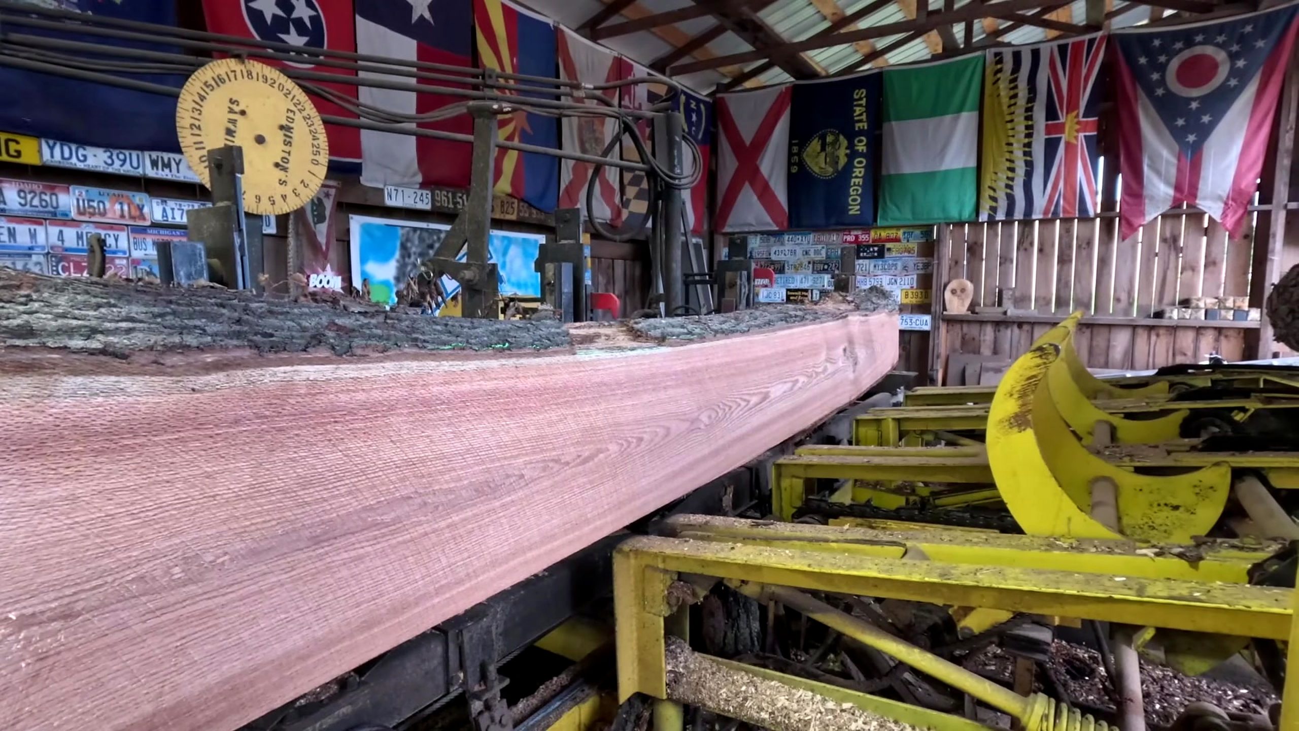 banana oak sawmill board cutting process - a wide pink-brown board released from the cant after another longitudinal cut