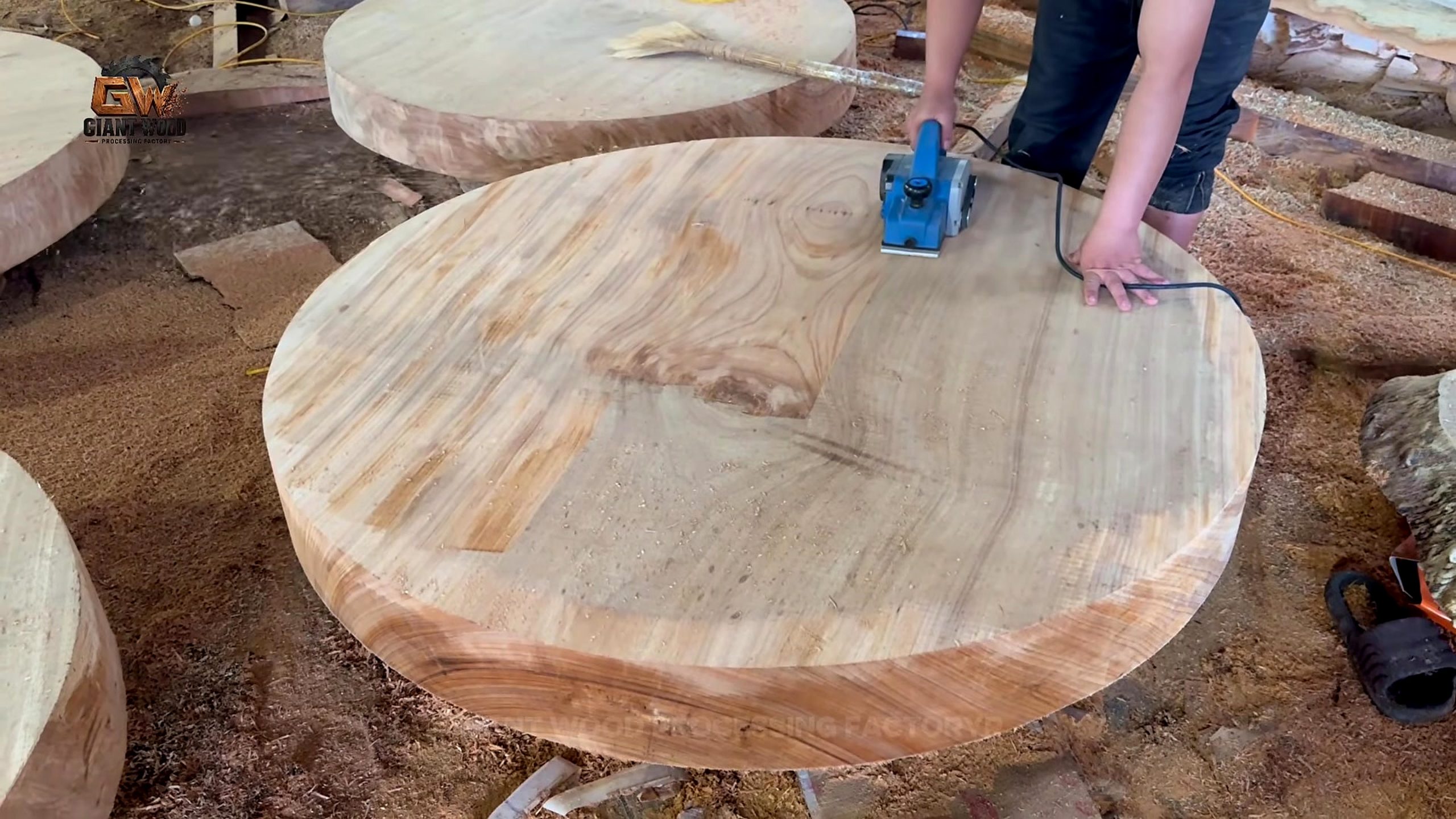 multiple thick round table blanks being surfaced after giant timber slab cutting