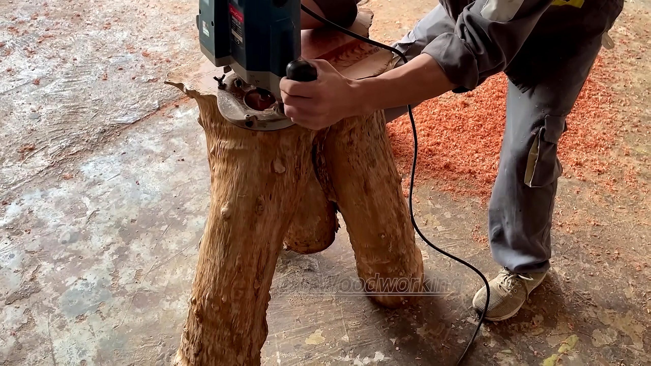 forgotten giant tree stump woodworking process - a hand-held router or grinder shaping the irregular stump form after rough separation
