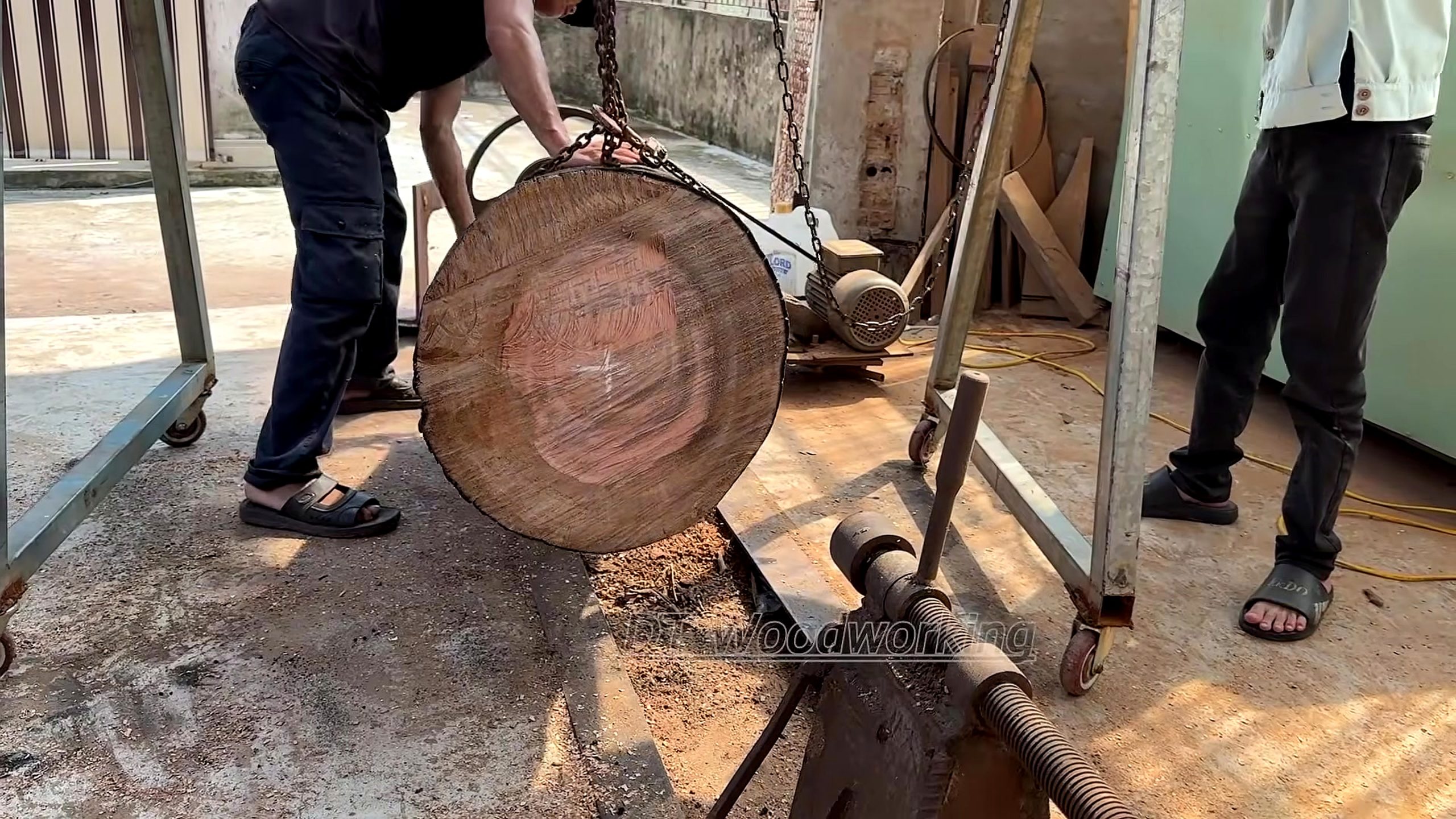 giant burnt log woodturning process - the giant round log blank being positioned and supported at the lathe