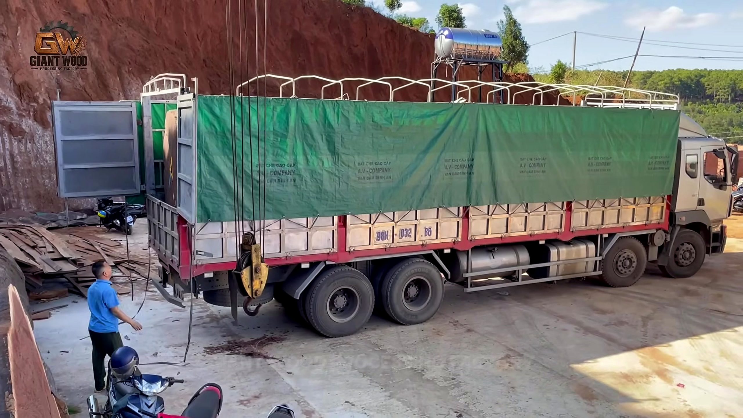 precious giant timber factory cutting process - the timber in the receiving or staging area before the cutting plan is judged