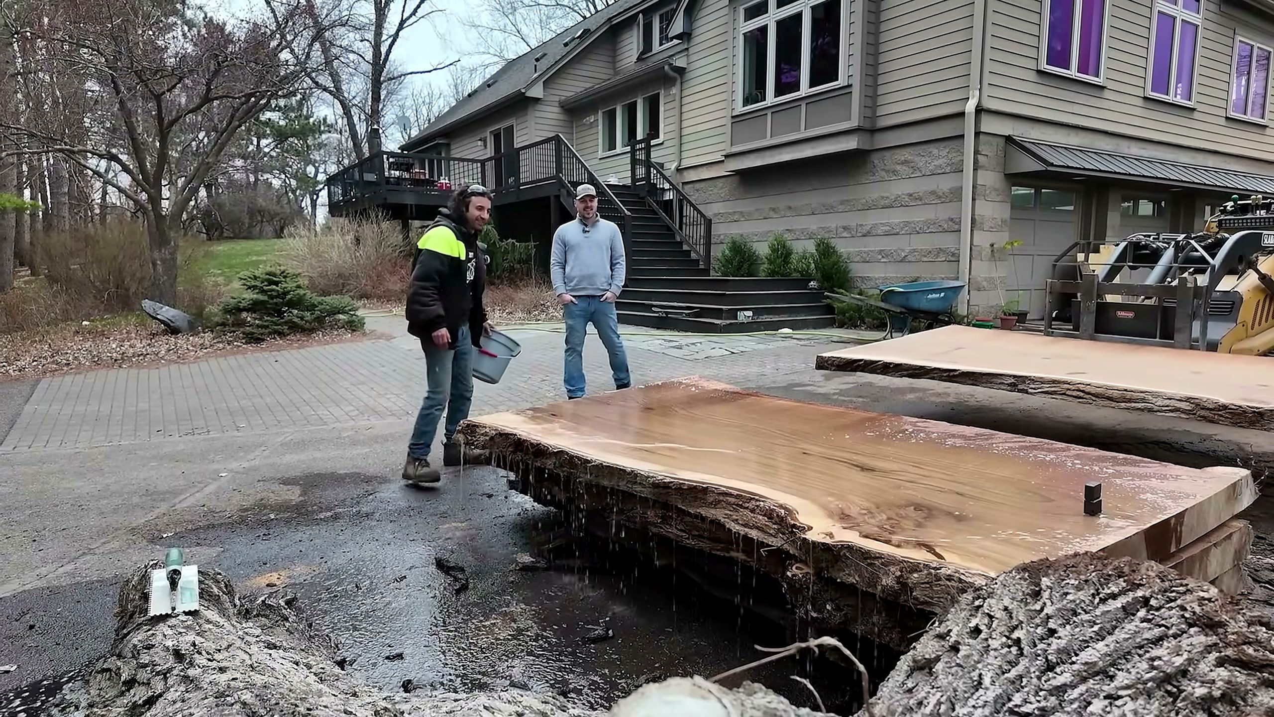sawing 600lb single slab elm table showing a wide live edge elm slab after milling