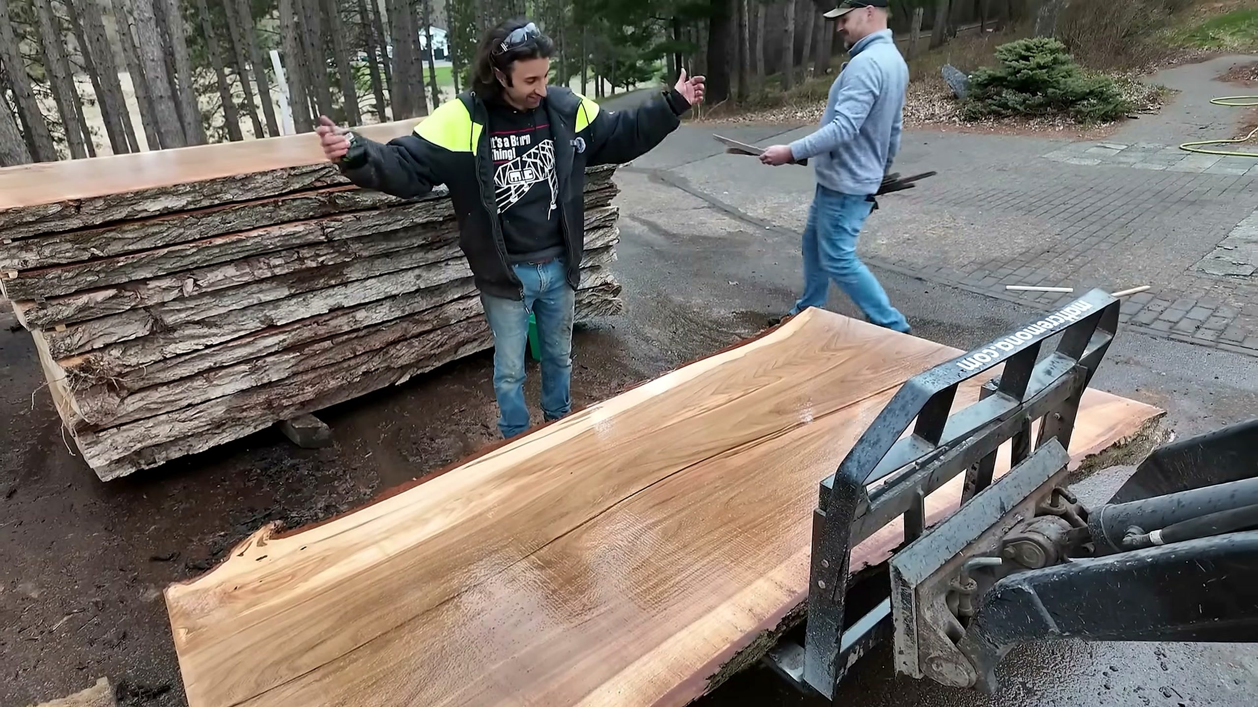 sawing 600lb single slab elm table with live edge elm slabs prepared for weighing and delivery