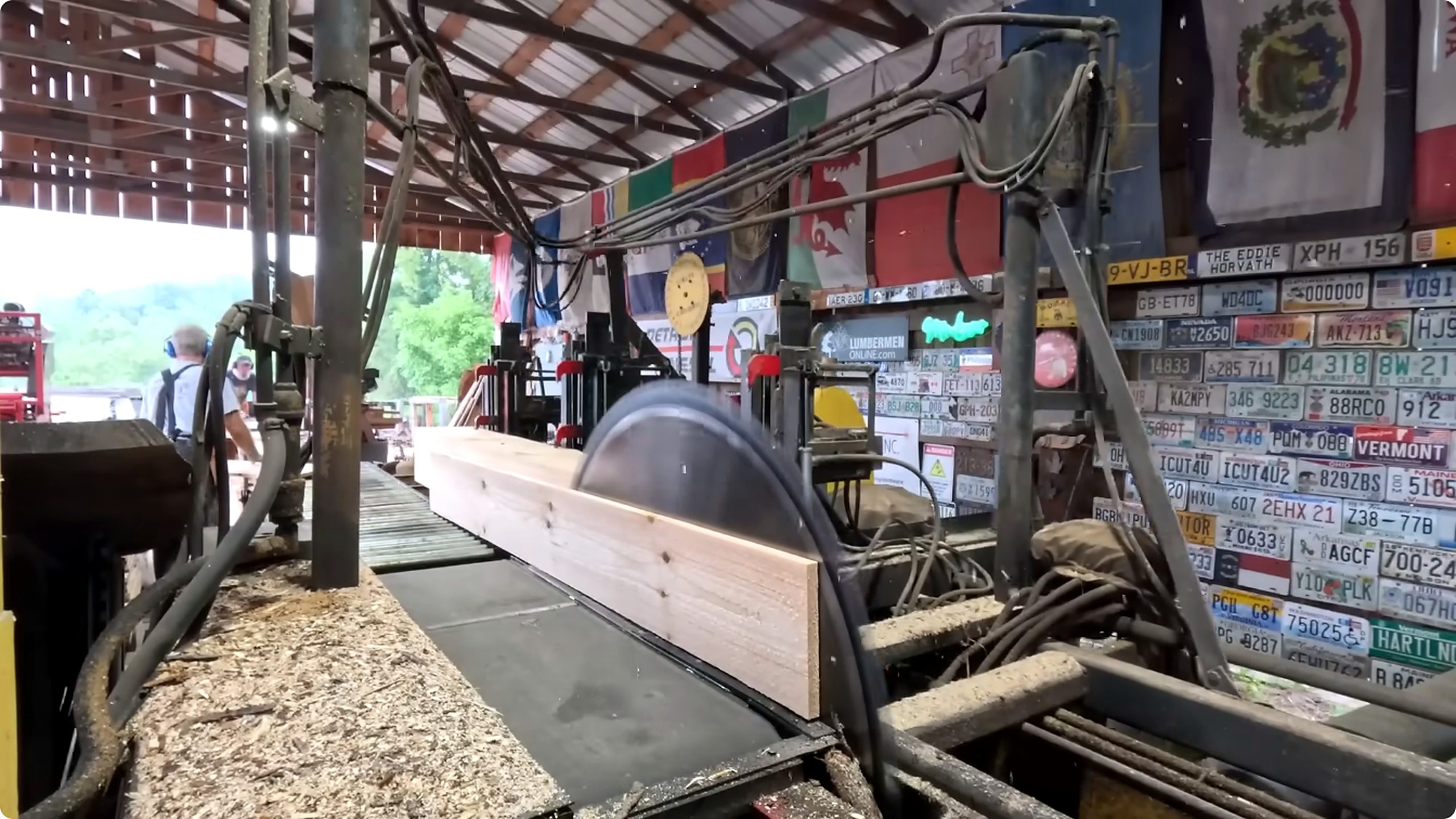 sawing six white pine logs 898 - the opened pine face where knots, sweep, and usable width can be judged