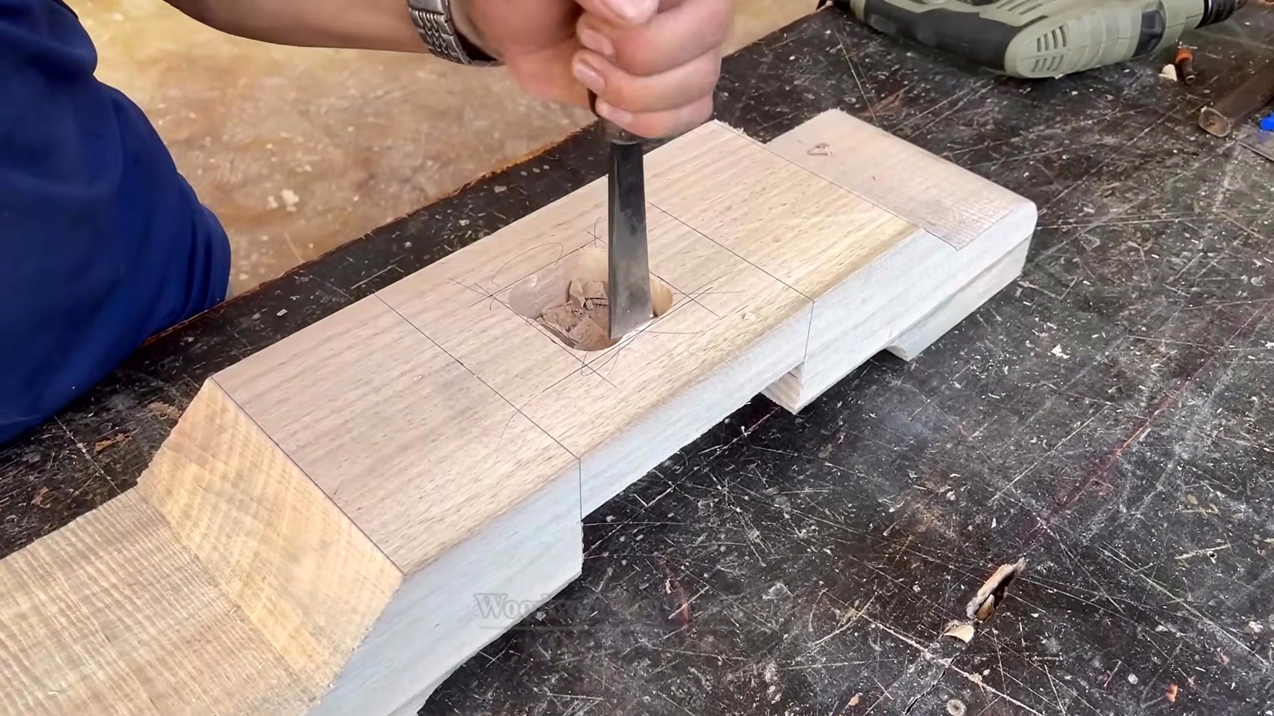 lychee red log dining table process - mortise or joint pocket work for the dining table base
