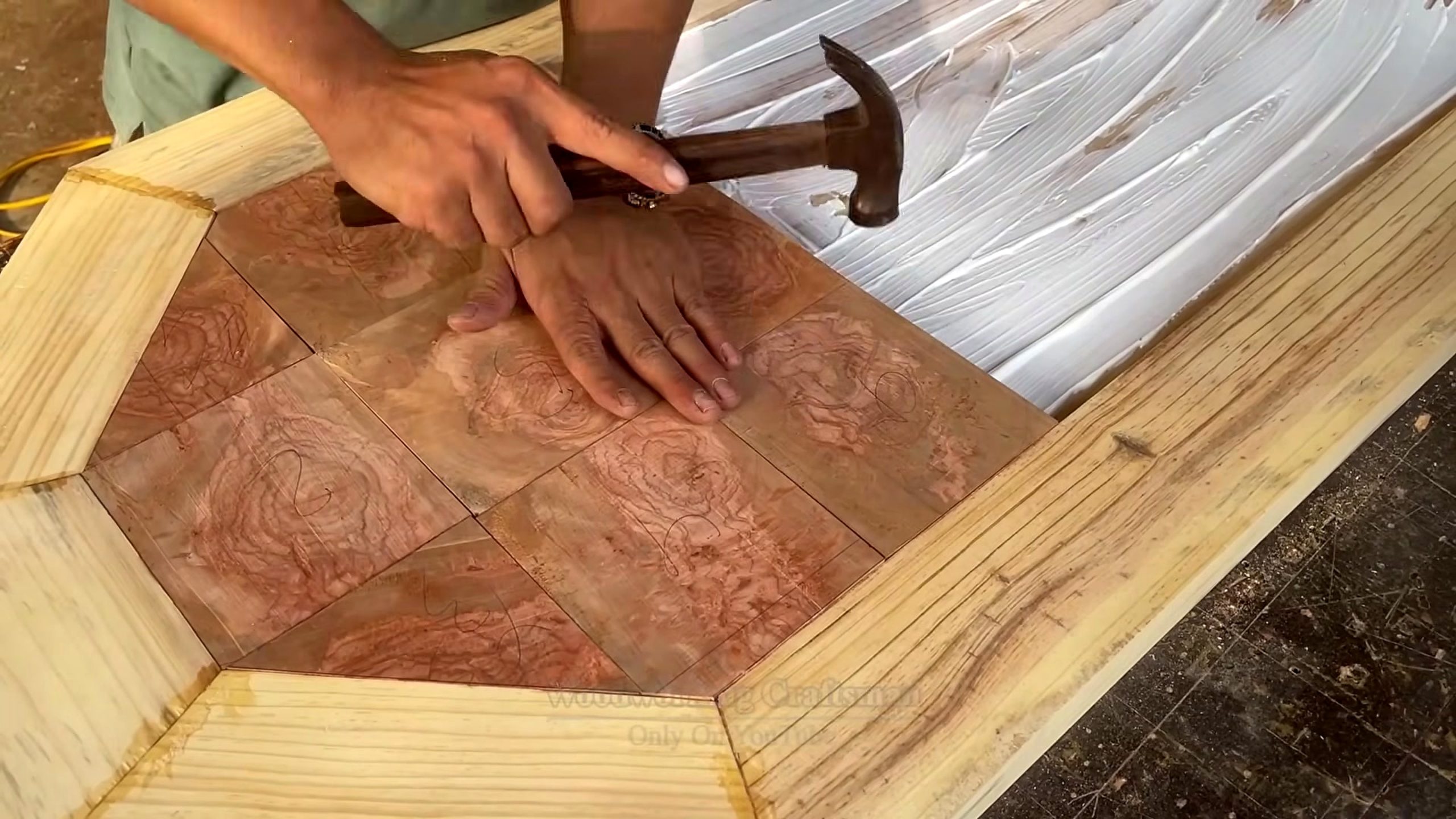 lychee red log dining table process - red patterned center panels fitted into the tabletop
