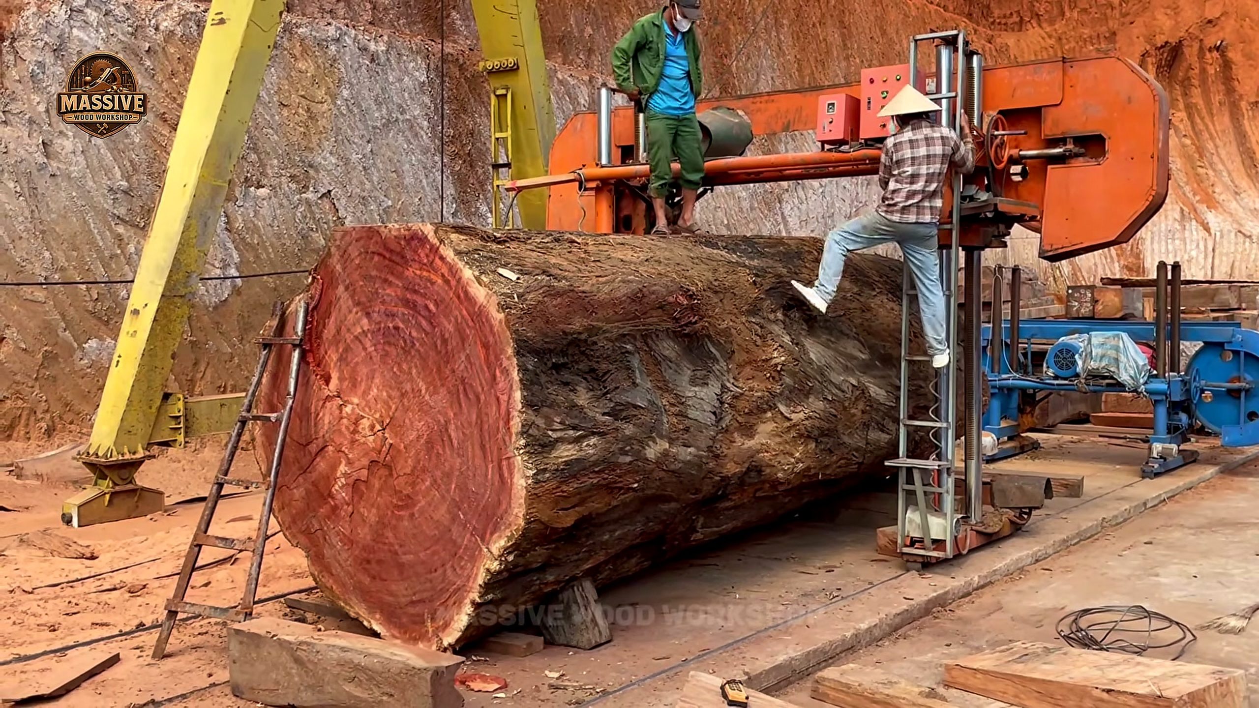 ton ancient timber became most extraordinary giant log mounted beneath a horizontal mill head