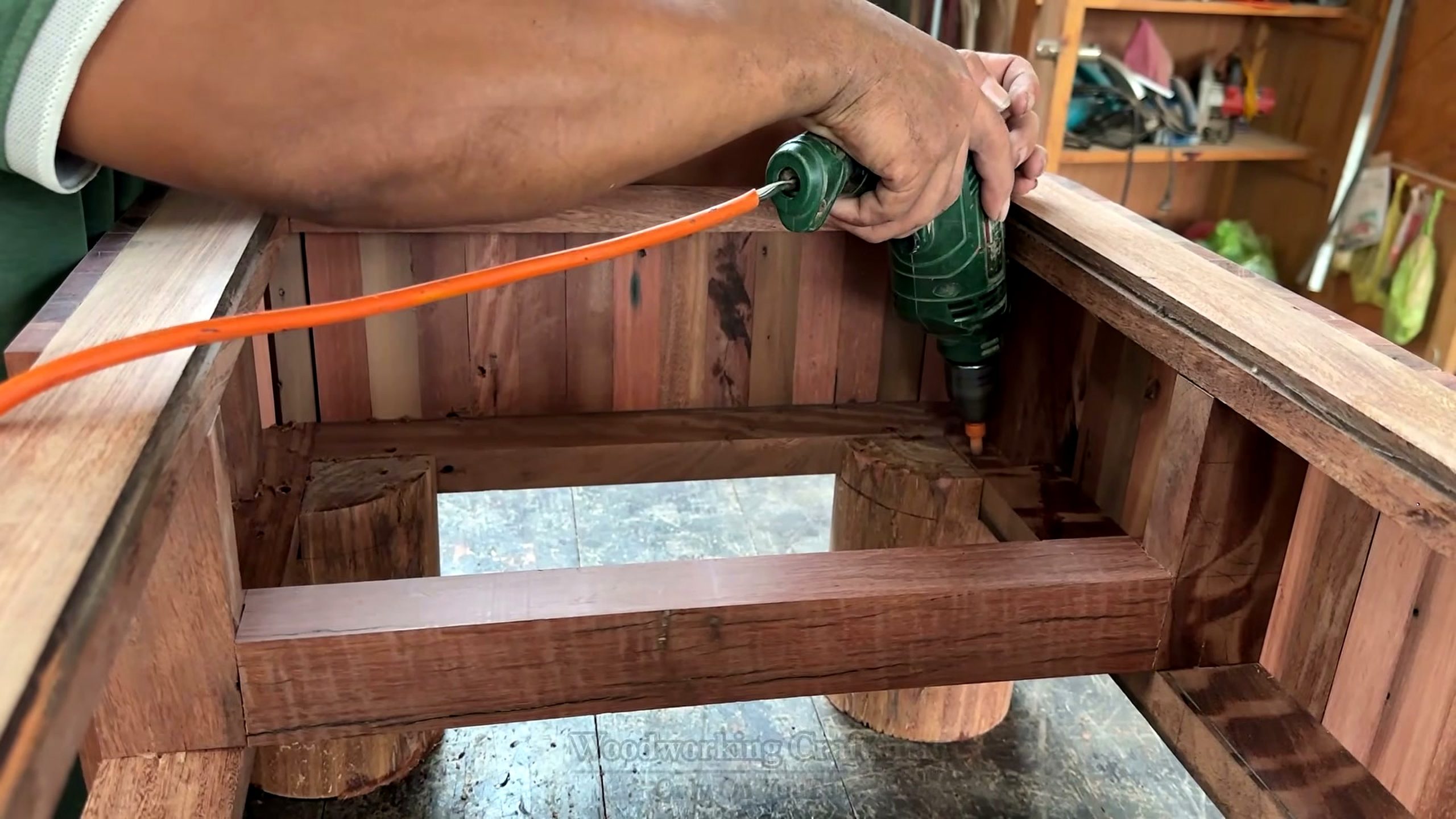 using centuries old decayed warped wood - inside drilling that ties the rounded shell to the internal frame and support blocks
