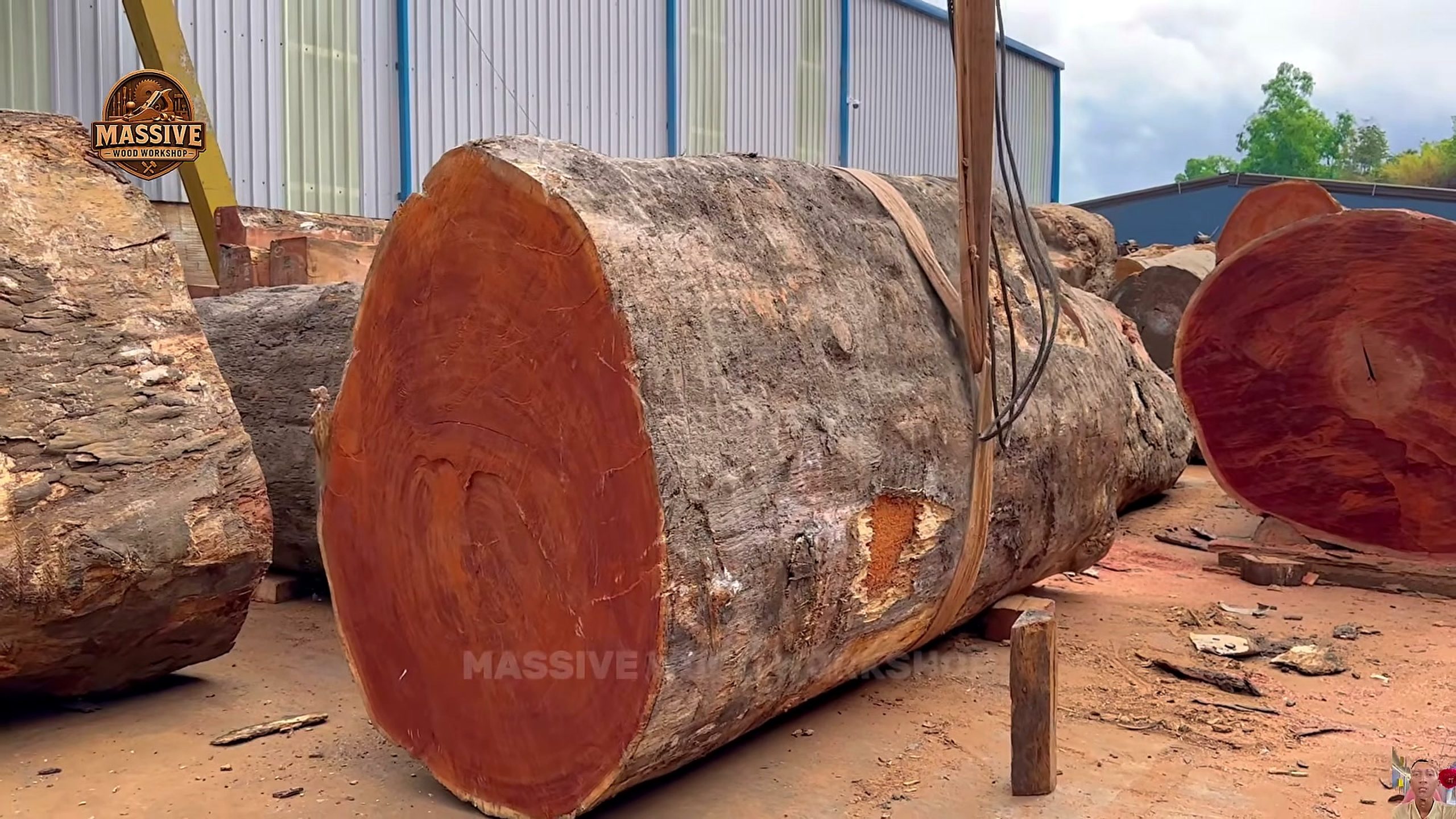giant log factory intake breakdown - the source-context frame that establishes scale and work area