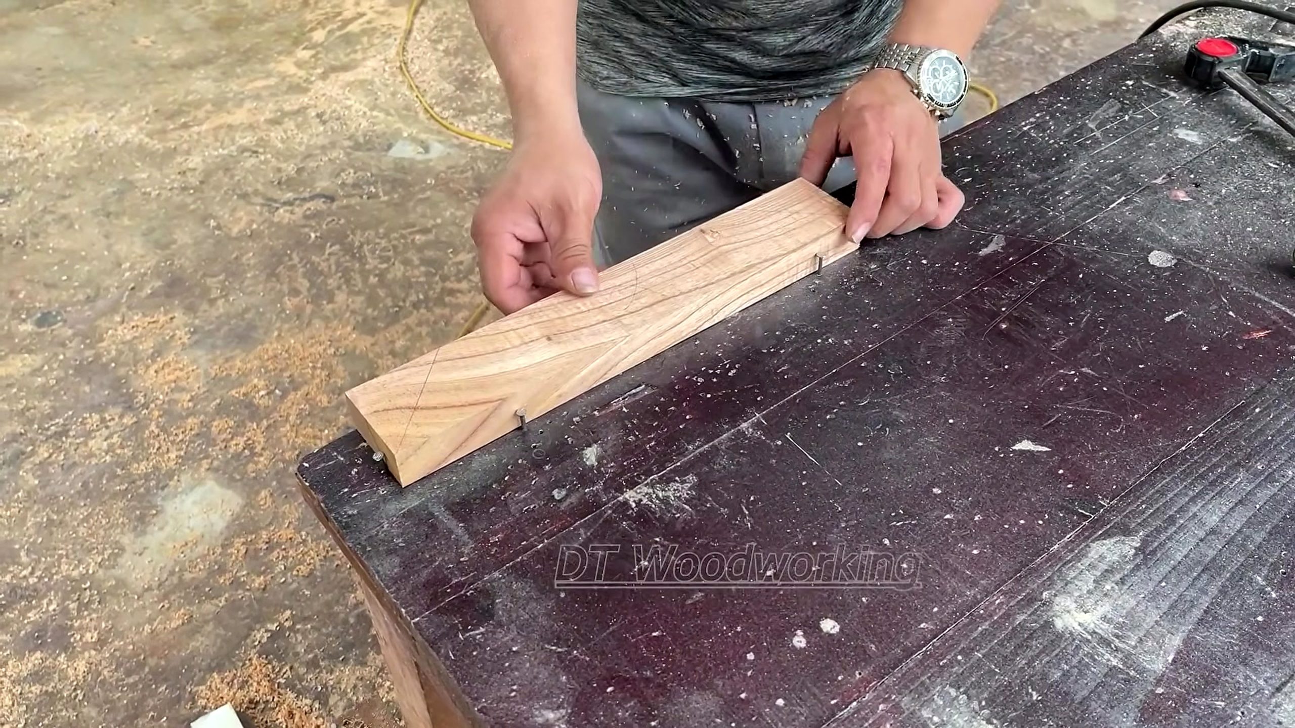 redwood panel mortise and bandsaw furniture workflow - checking the profile and reference faces of an angled component
