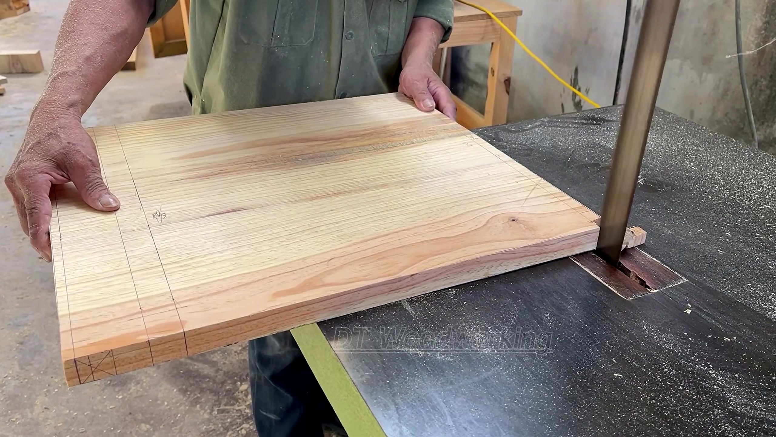 redwood panel mortise and bandsaw furniture workflow - advancing a gridded furniture panel at the vertical bandsaw