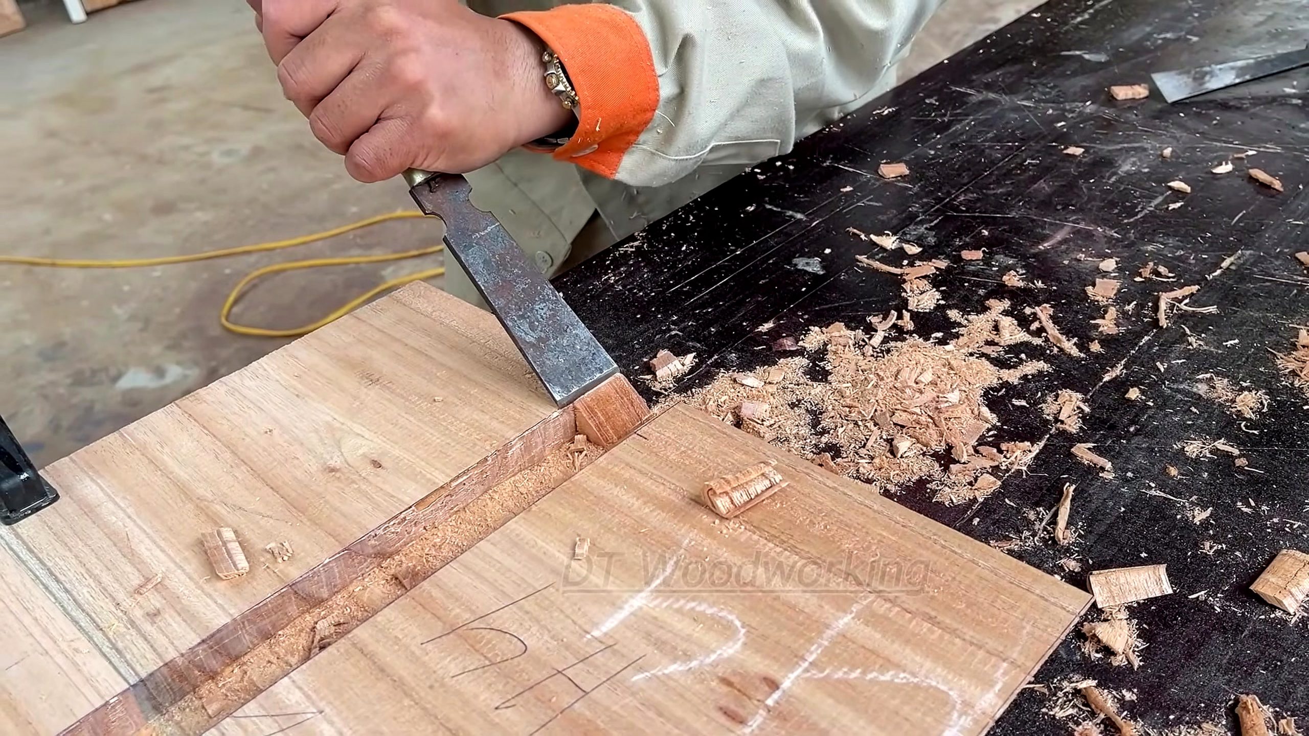 redwood panel mortise and bandsaw furniture workflow - hand paring a rectangular mortise in a laminated furniture panel