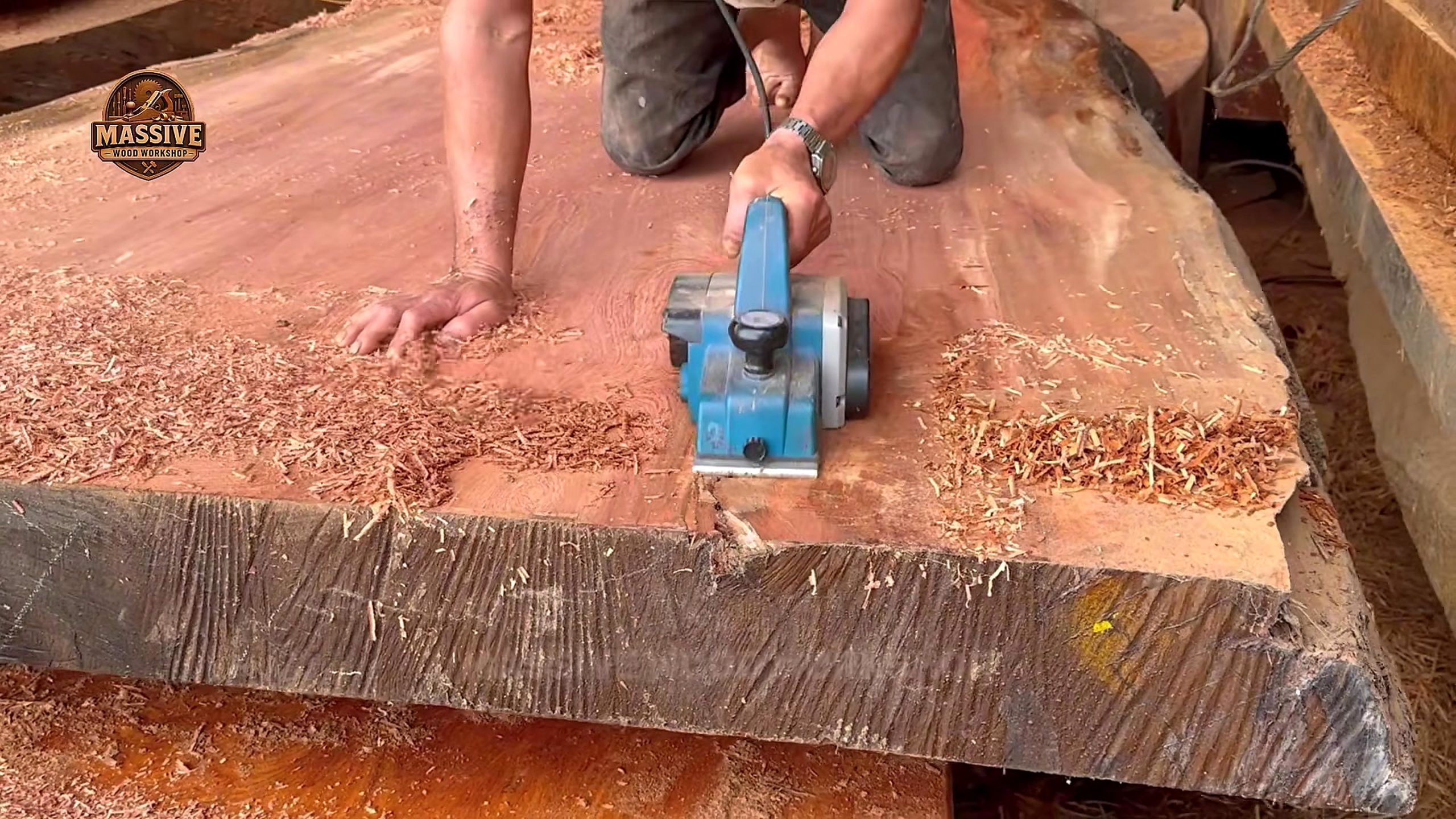 wood treatment process - the main pass where the wood surface is being worked or treated