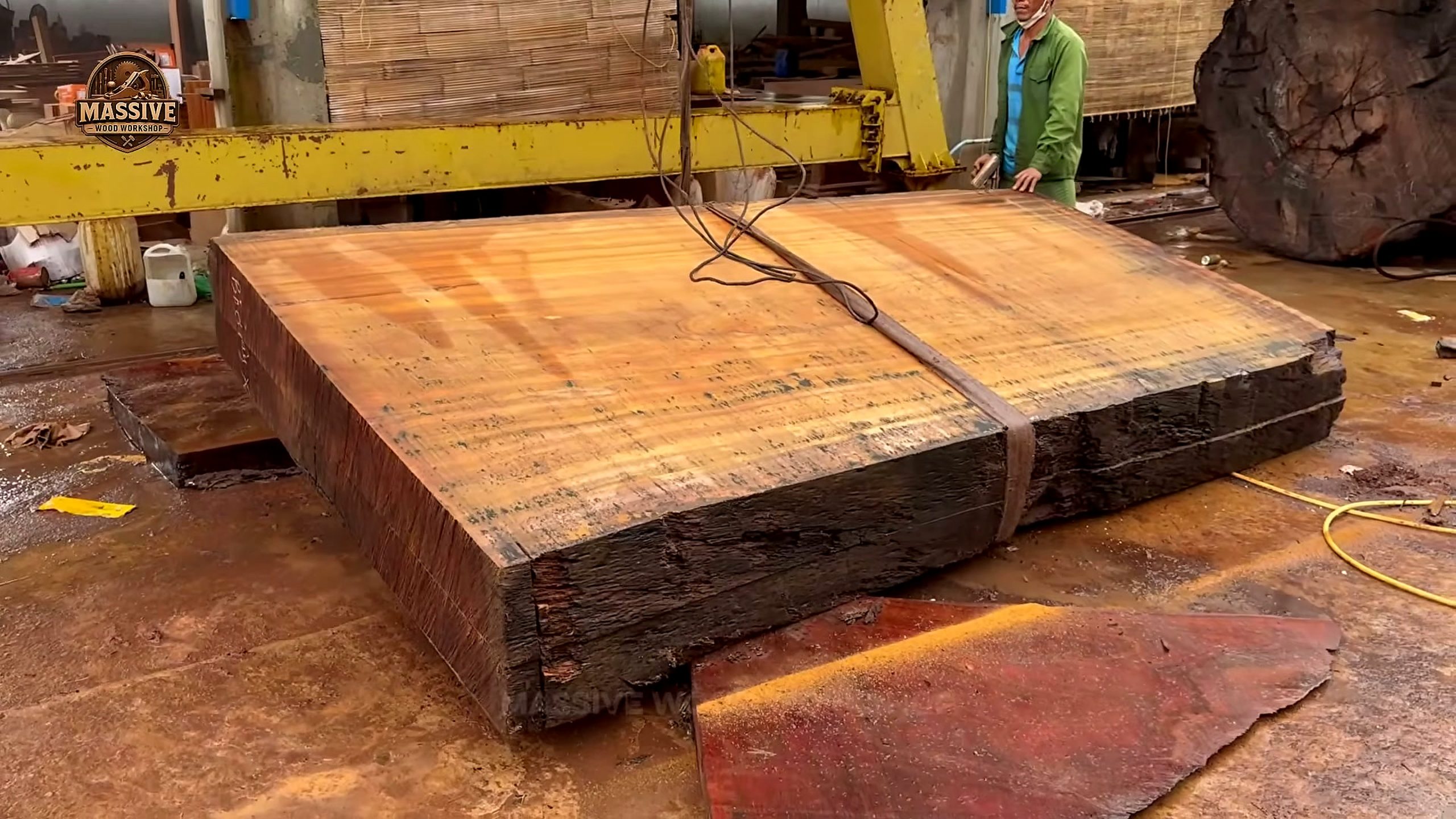 1000-year-old giant timber slab after the band saw reveals a wide fresh face